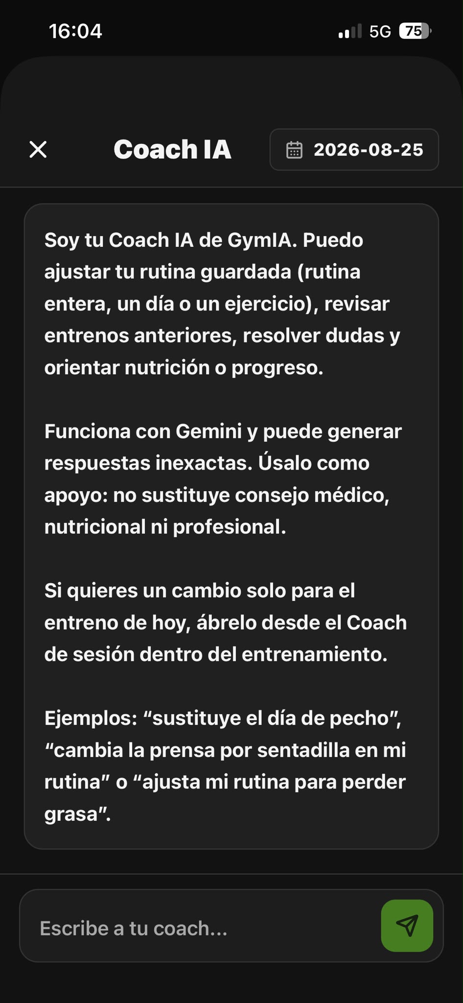 Coach IA de GymIA para resolver dudas sobre rutina, nutrición y progreso