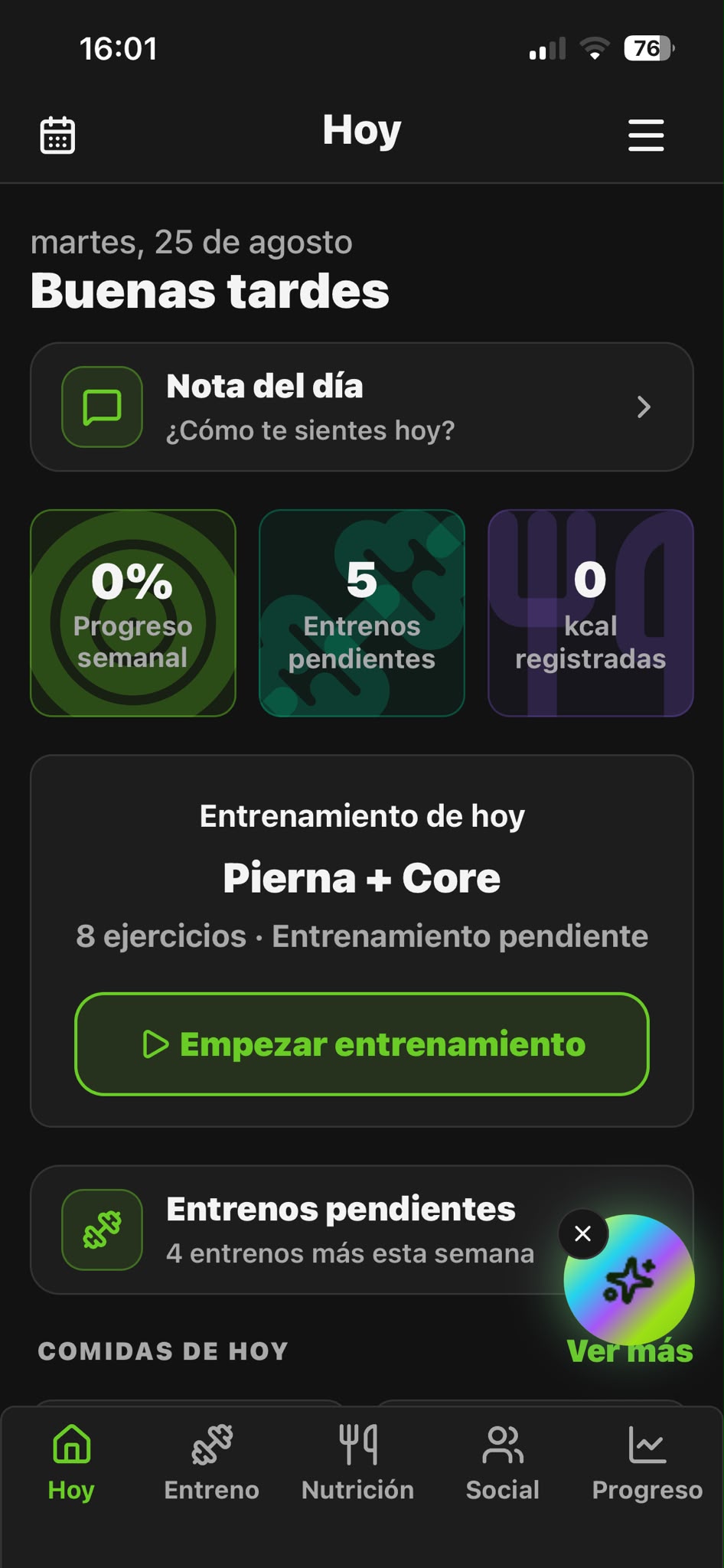 Pantalla de inicio de GymIA con el resumen del día, progreso semanal y entrenamiento de hoy