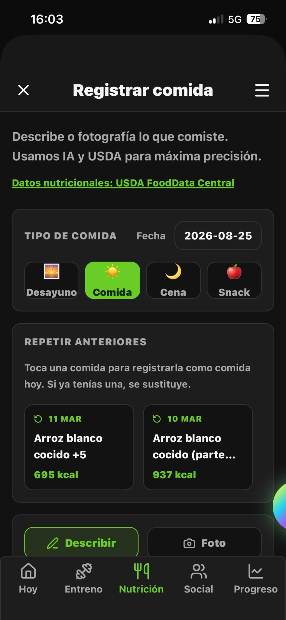 Registro de comida con foto y análisis con IA en GymIA